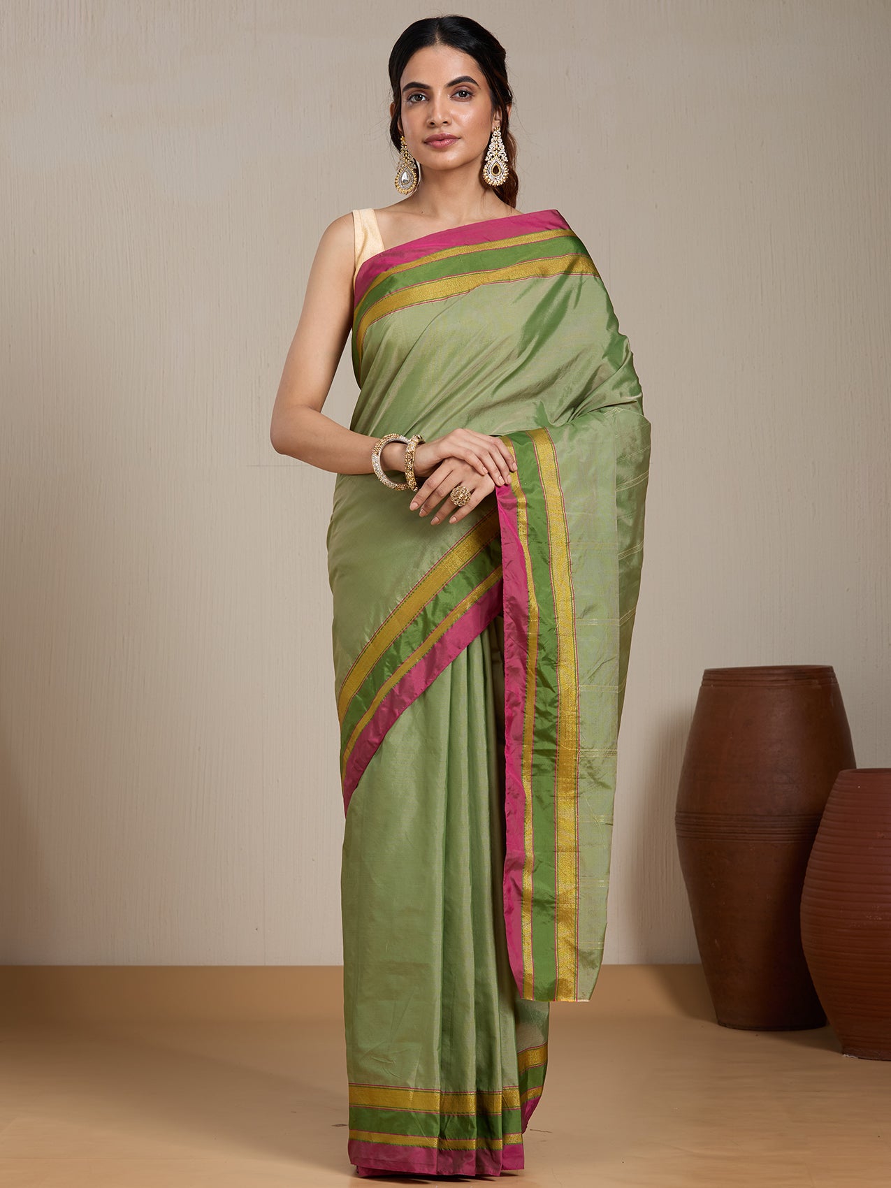 Vervee Couture Green Pink Silk Blend Saree with Zari Border | EKA
