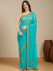 Vervee Couture Turquoise Blue Poly Georgette Saree with Embellished Border | EKA