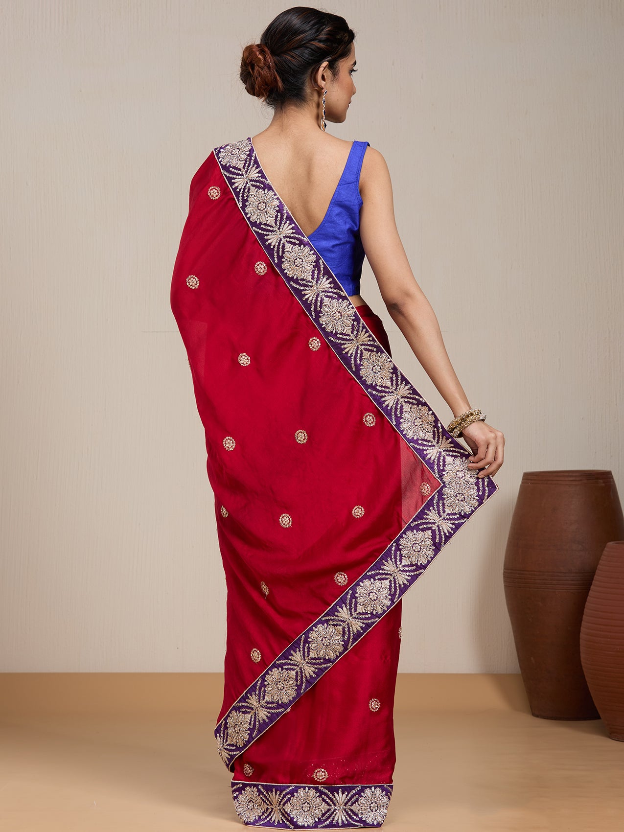 Vervee Couture Red Embellished Silk Blend Saree with Zari Border | EKA