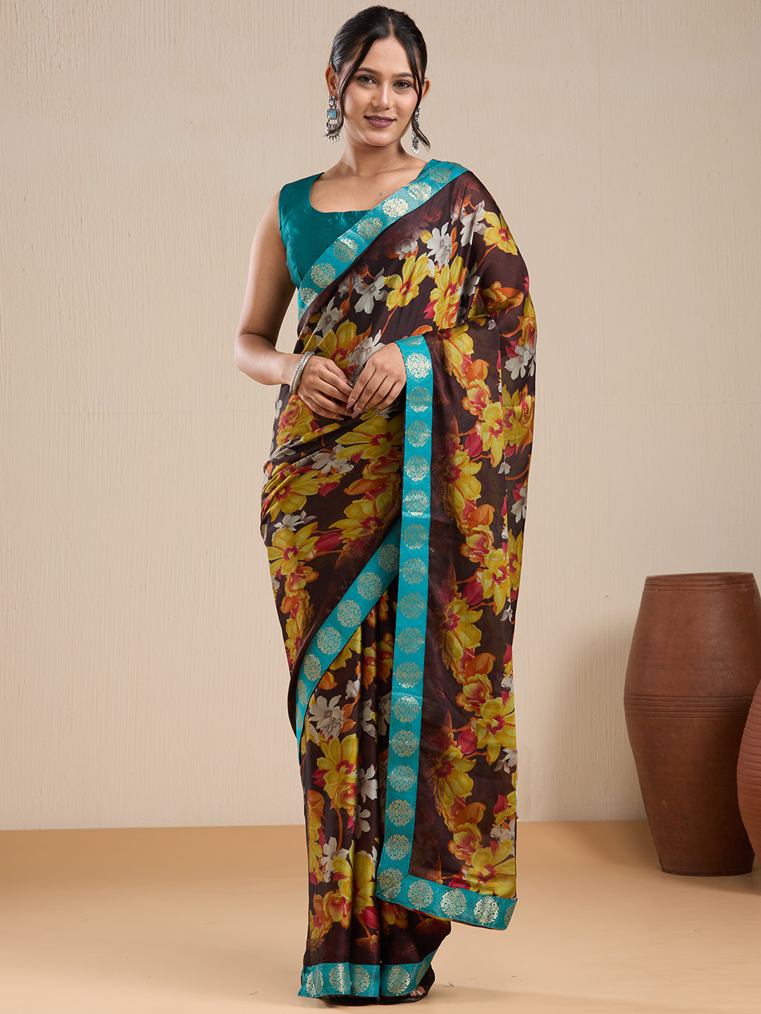 Vervee Couture Brown Yellow Floral Poly Georgette Saree with Semi Stitched Blouse | EKA