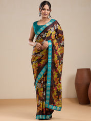 Vervee Couture Brown Yellow Floral Poly Georgette Saree with Semi Stitched Blouse | EKA