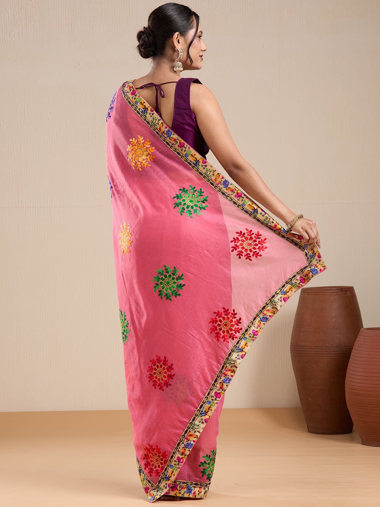 Vervee Couture Pink Floral Silk Blend Saree with Contrast Border and Semi Stitched Blouse | EKA