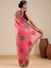 Vervee Couture Pink Floral Silk Blend Saree with Contrast Border and Semi Stitched Blouse | EKA
