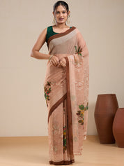 Vervee Couture Beige Floral Poly Georgette Saree with Contrast Border | EKA