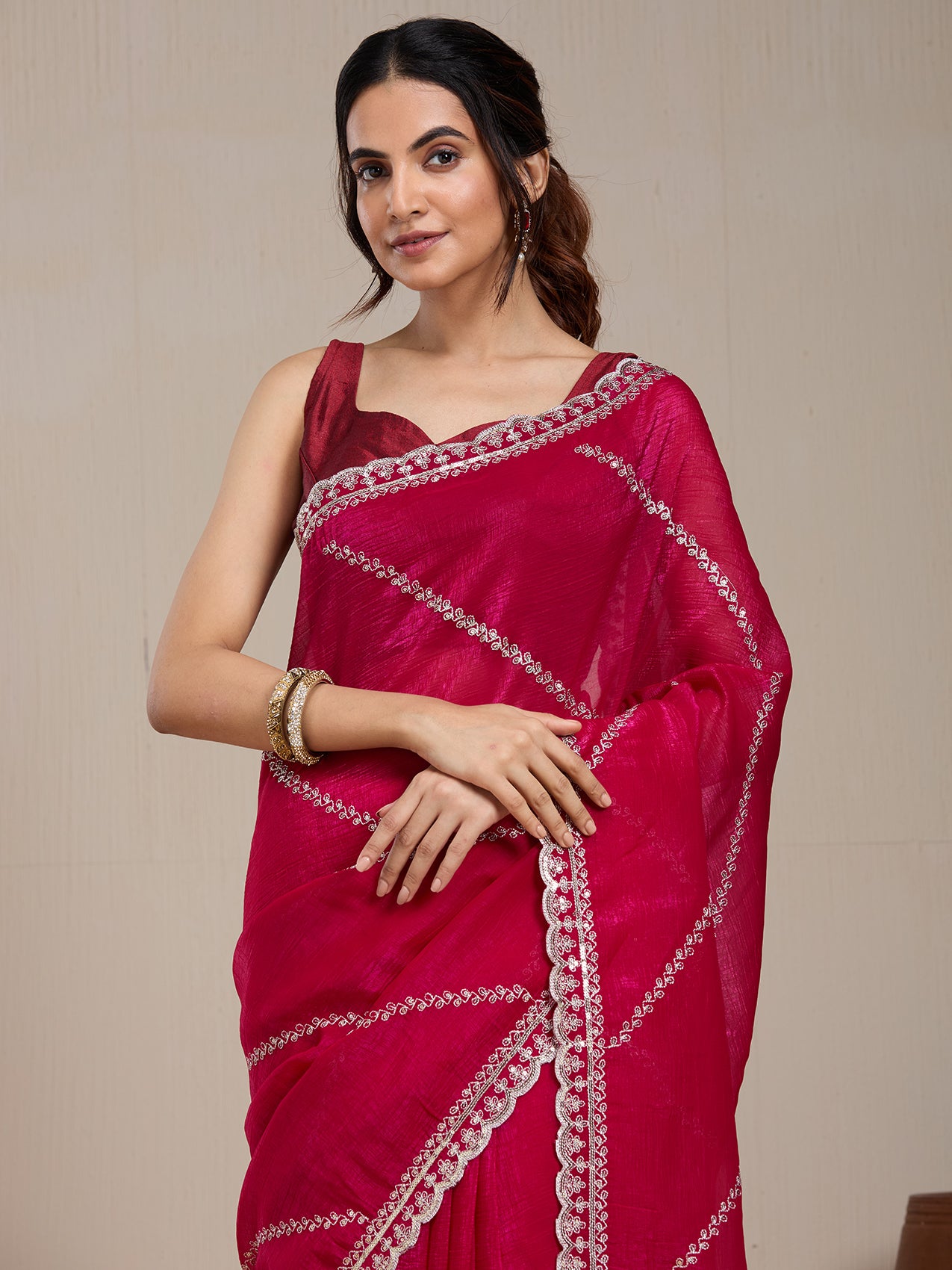 Vervee Couture Pink Embellished Poly Georgette Saree with Heavy Border | EKA