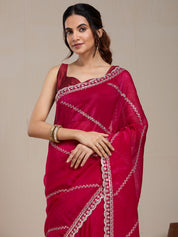 Vervee Couture Pink Embellished Poly Georgette Saree with Heavy Border | EKA