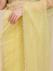 Vervee Couture Yellow Pure Net Saree with Embellished Detailing | EKA