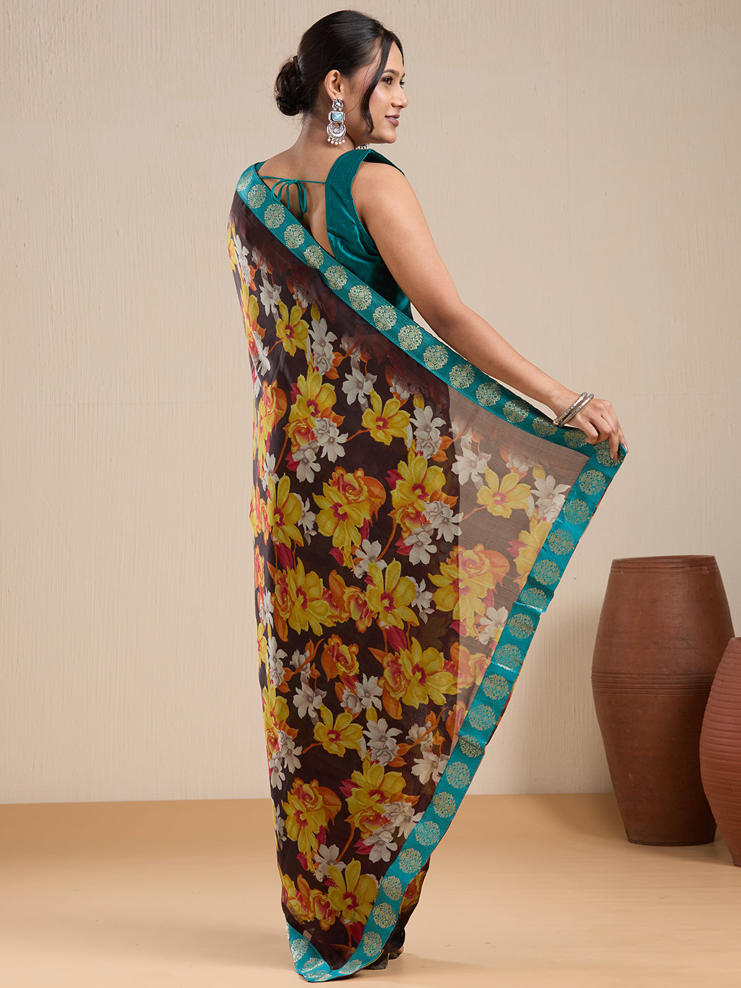 Vervee Couture Brown Yellow Floral Poly Georgette Saree with Semi Stitched Blouse | EKA
