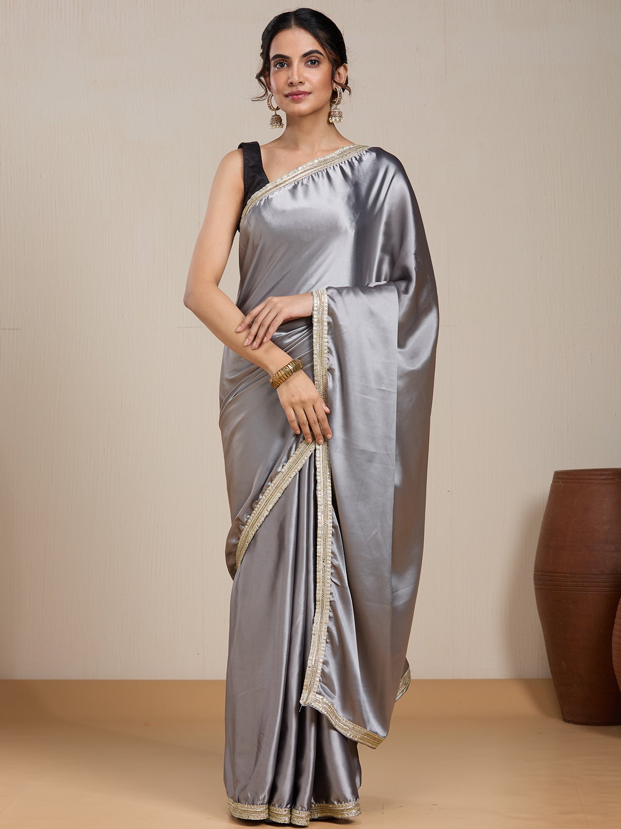 Vervee Couture Grey Satin Saree with Zari Border | EKA