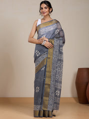 Vervee Couture Grey White Floral Silk Blend Saree with Semi Stitched Blouse | EKA