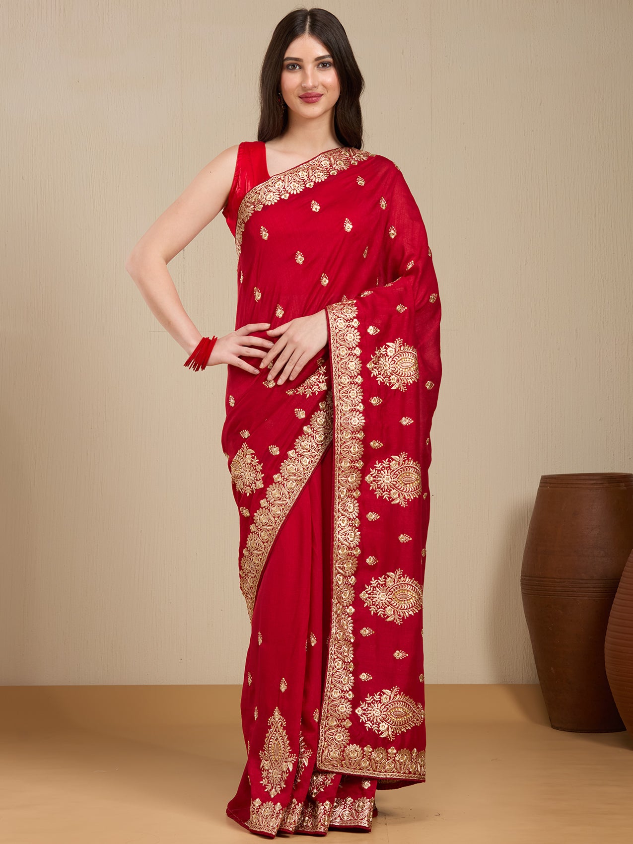 Vervee Couture Red Poly Georgette Saree with Subtle Zari Border | EKA