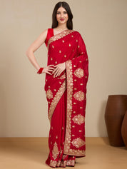 Vervee Couture Red Poly Georgette Saree with Subtle Zari Border | EKA