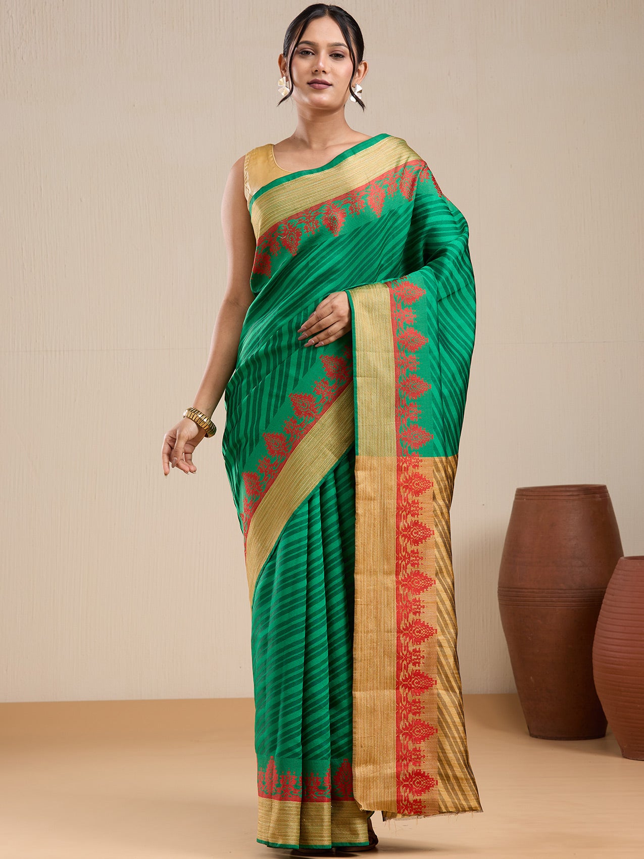 Vervee Couture Green Silk Blend Saree with Semi Stitched Blouse | EKA