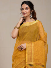Vervee Couture Yellow Printed Silk Blend Saree with Ethnic Motif Border | EKA