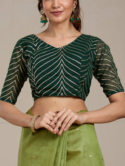Vervee Couture Olive Green Gold Woven Silk Blend Saree with Semi Stitched Blouse | EKA