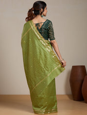 Vervee Couture Olive Green Gold Woven Silk Blend Saree with Semi Stitched Blouse | EKA