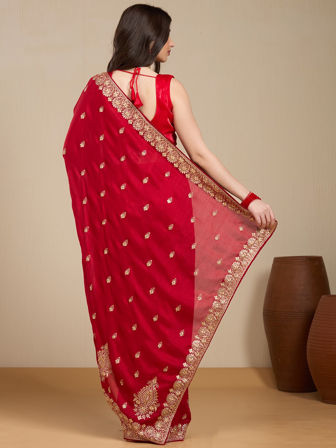Vervee Couture Red Poly Georgette Saree with Subtle Zari Border | EKA