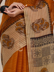 Vervee Couture Orange Beige Printed Poly Georgette Saree | EKA