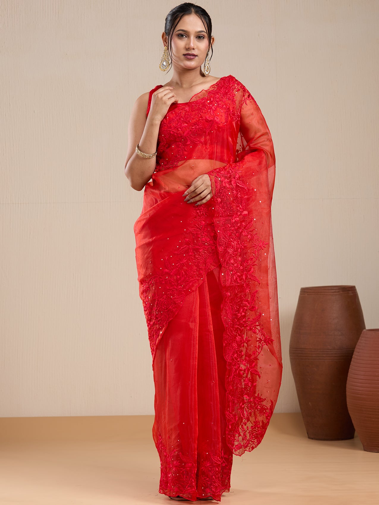 Vervee Couture Red Pure Net Saree with Sequinned Work | EKA