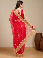 Vervee Couture Red Pure Net Saree with Floral Zari Border | EKA