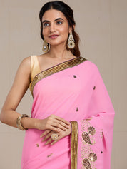 Vervee Couture Pink Embellished Poly Georgette Saree with Zari Work | EKA