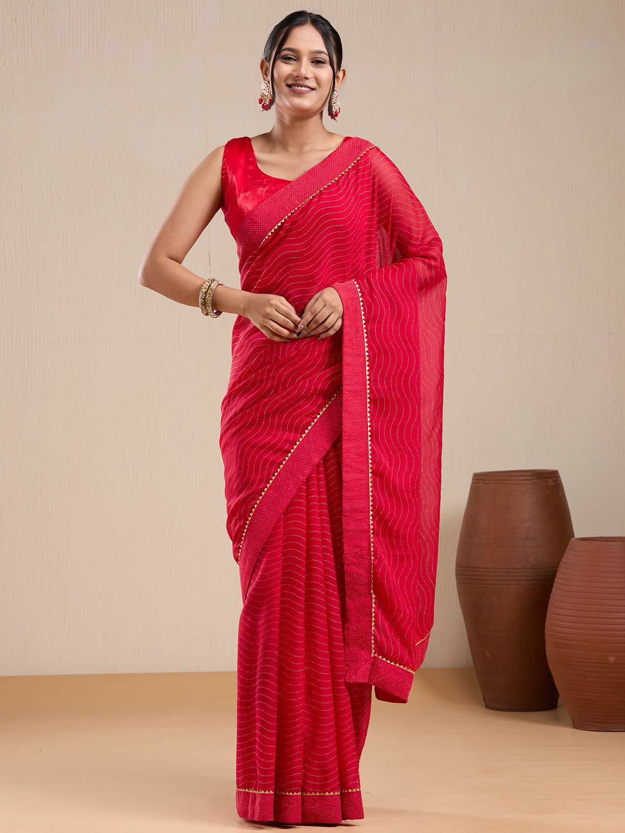 Vervee Couture Red Poly Georgette Saree with Zari Border | EKA
