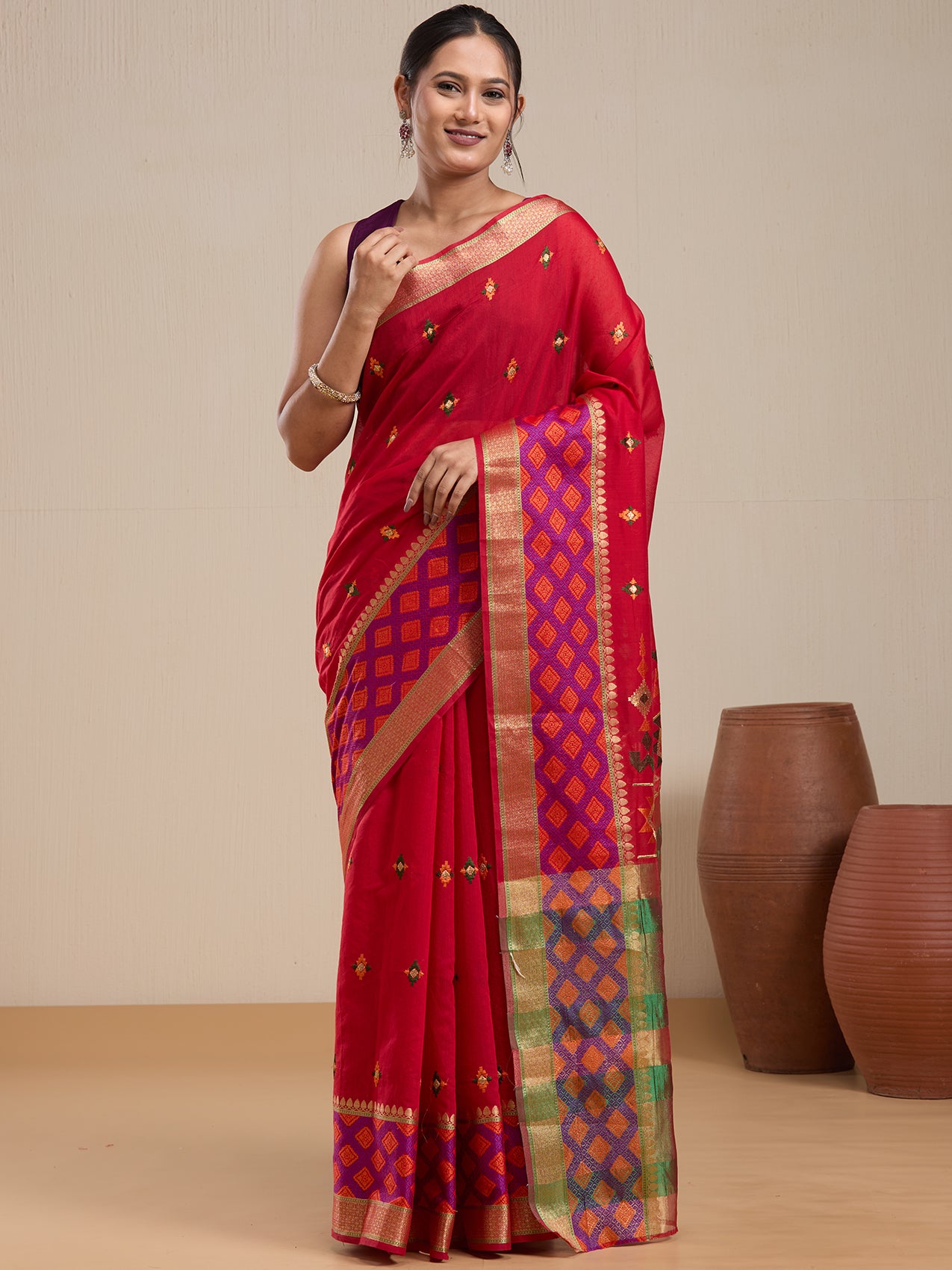 Vervee Couture Red Silk Blend Saree with Zari Border and Semi Stitched Blouse | EKA