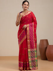 Vervee Couture Red Silk Blend Saree with Zari Border and Semi Stitched Blouse | EKA