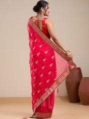 Vervee Couture Red Poly Georgette Saree with Zari Butta Border | EKA