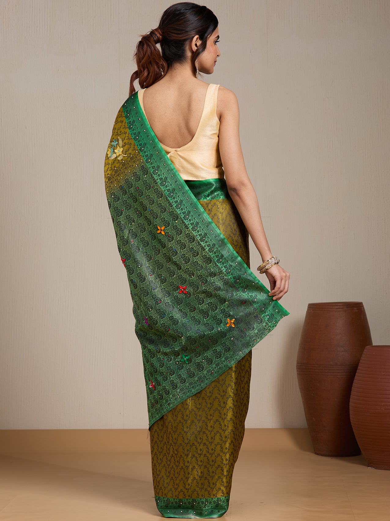 Vervee Couture Green Floral Printed Silk Blend Saree with Zari Border | EKA
