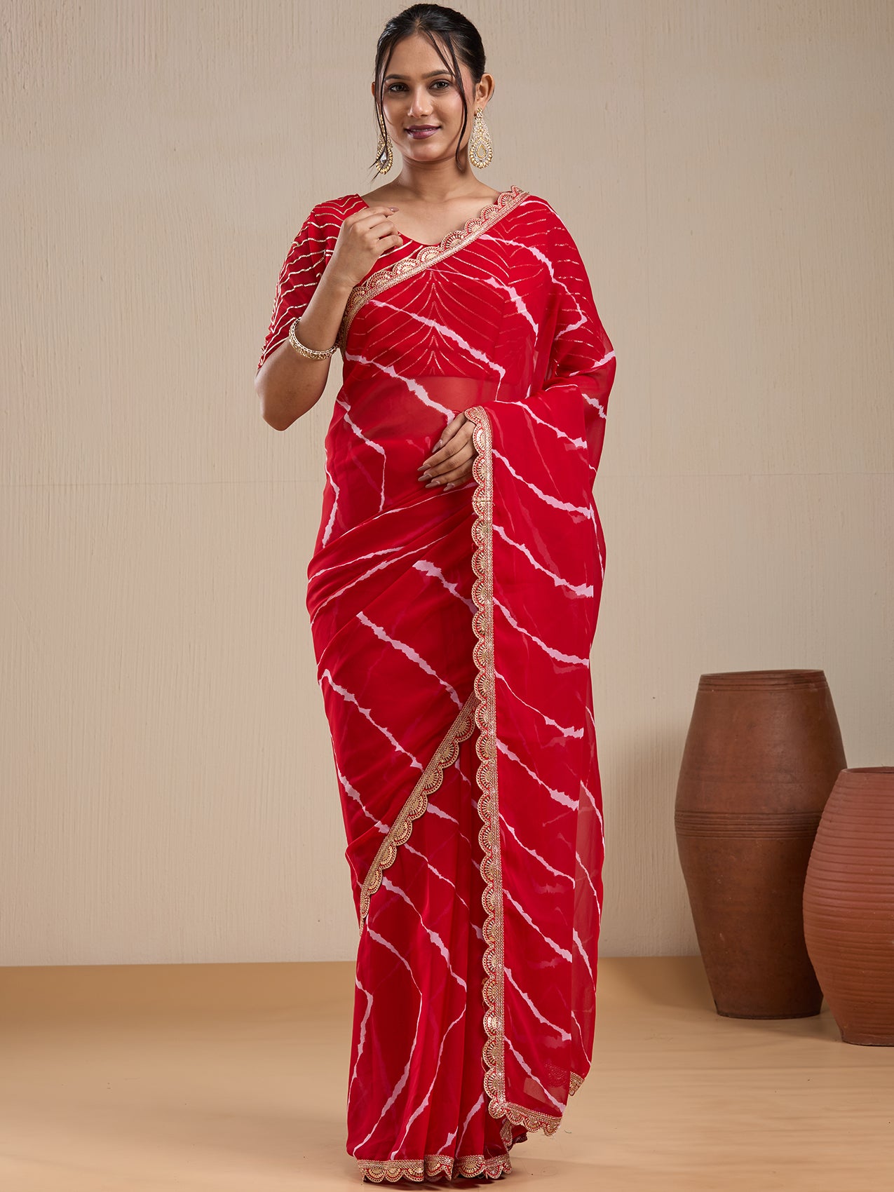 Vervee Couture Red Tie Dye Poly Georgette Saree with Embellished Border | EKA