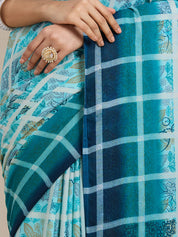 Vervee Couture Blue Green Checked Poly Georgette Saree | EKA