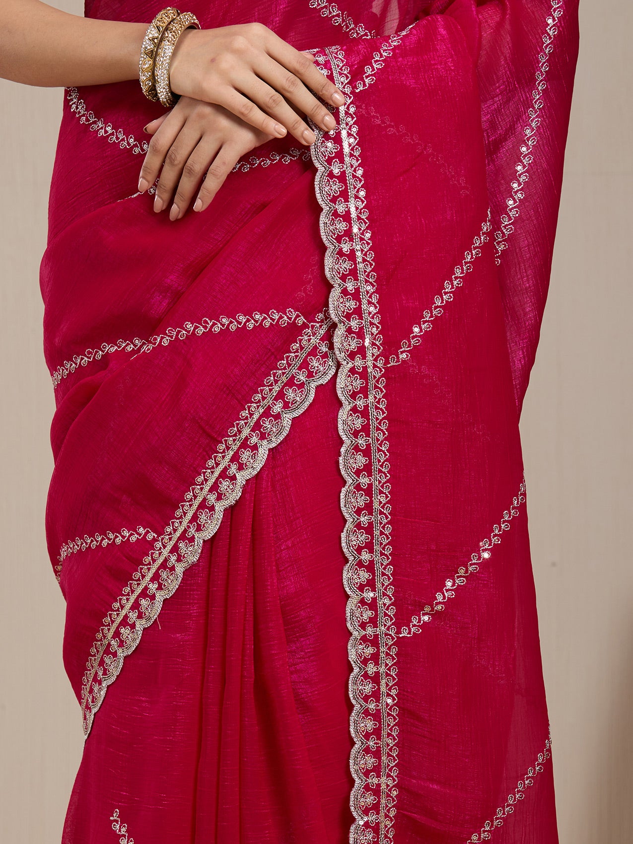 Vervee Couture Pink Embellished Poly Georgette Saree with Heavy Border | EKA