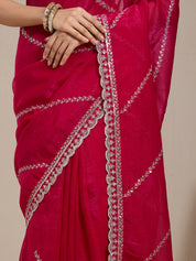 Vervee Couture Pink Embellished Poly Georgette Saree with Heavy Border | EKA