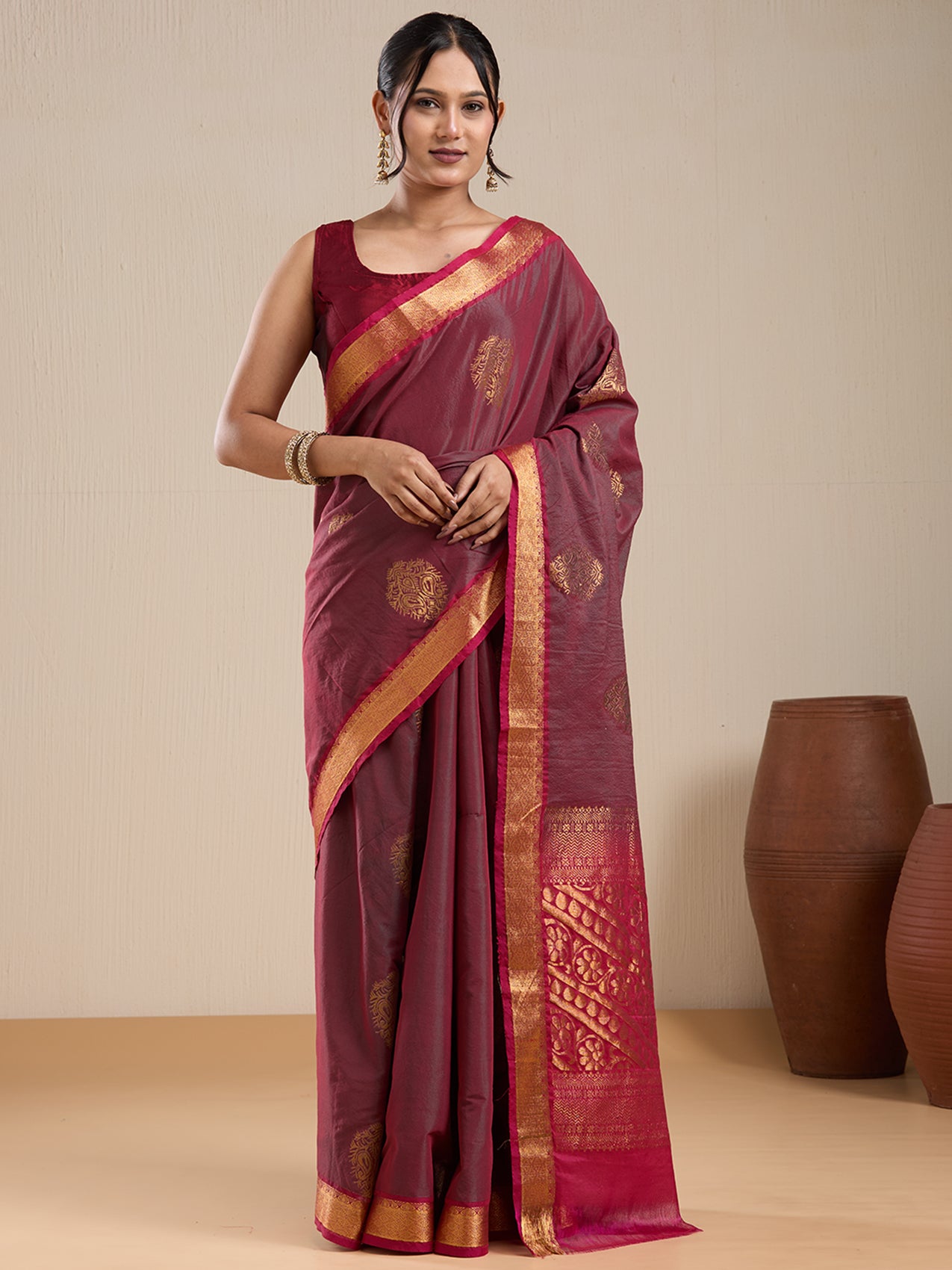 Vervee Couture Maroon Silk Blend Saree with Zari Border and Semi Stitched Blouse | EKA