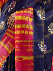 Vervee Couture Red Ikat Silk Blend Saree with Contrast Pallu and Semi Stitched Blouse | EKA