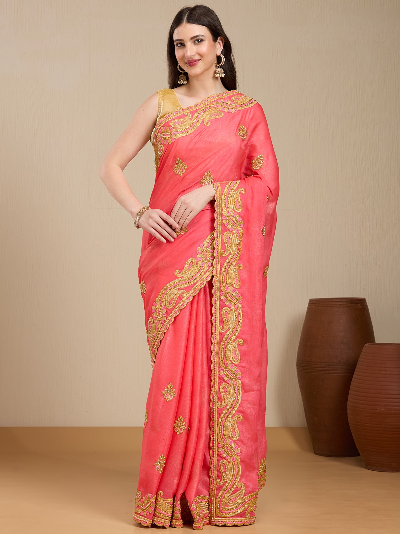 Vervee Couture Peach Poly Georgette Saree with Embellished Border | EKA