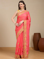 Vervee Couture Peach Poly Georgette Saree with Embellished Border | EKA