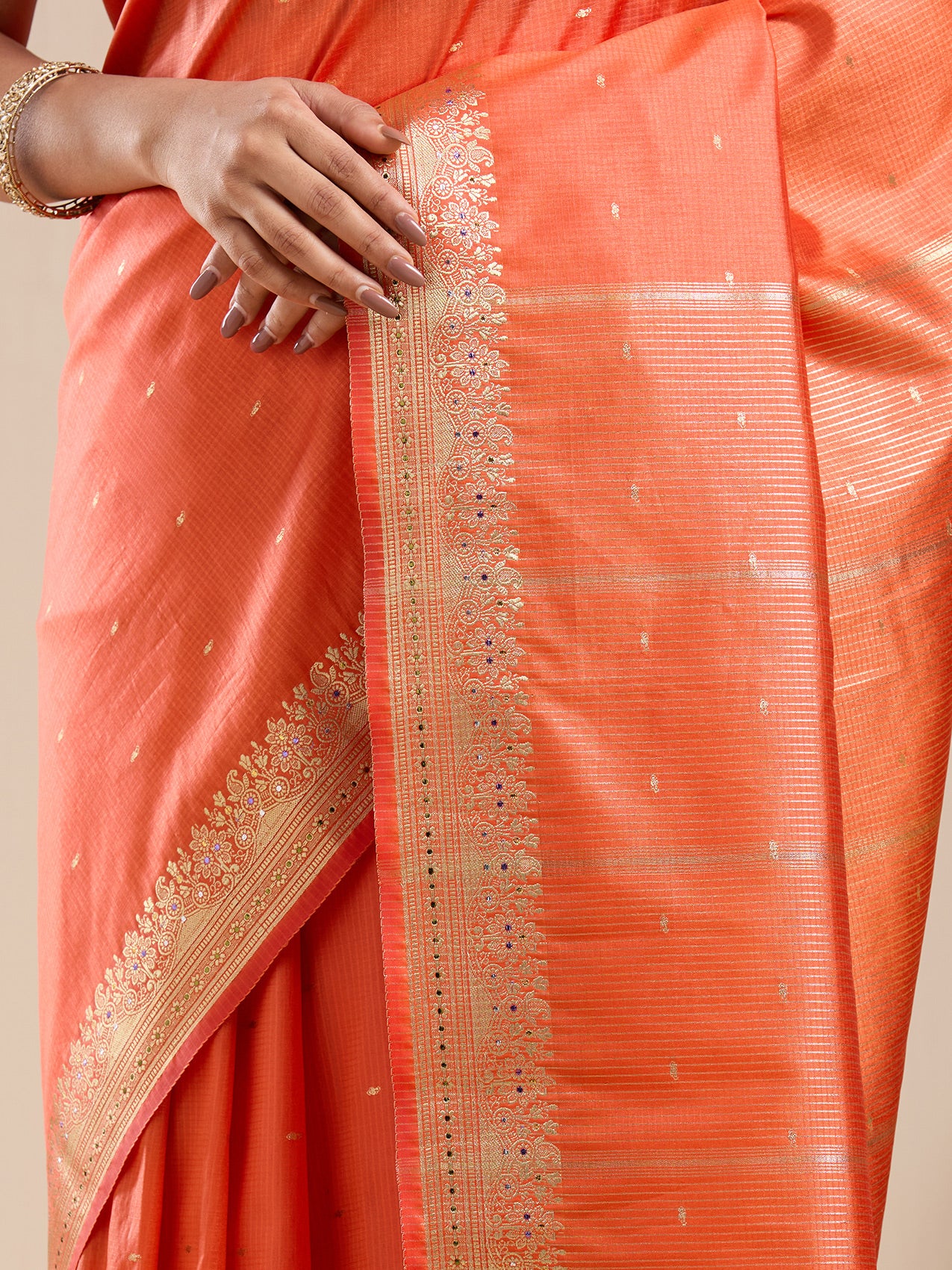 Vervee Couture Orange Silk Blend Saree with Woven Border | EKA