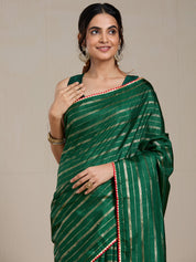 Vervee Couture Emerald Green Gold Striped Silk Blend Saree | EKA