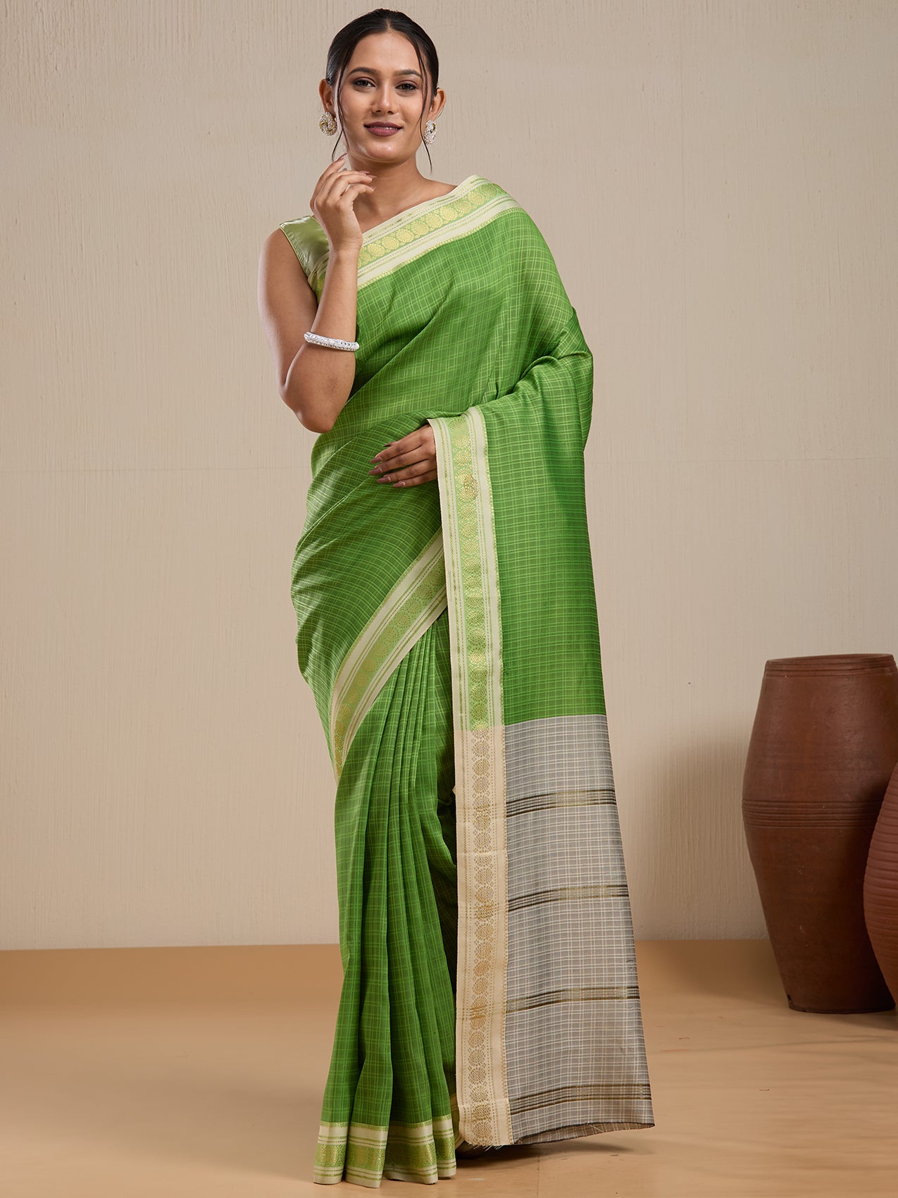 Vervee Couture Green Silk Blend Saree with Zari Border and Semi Stitched Blouse | EKA