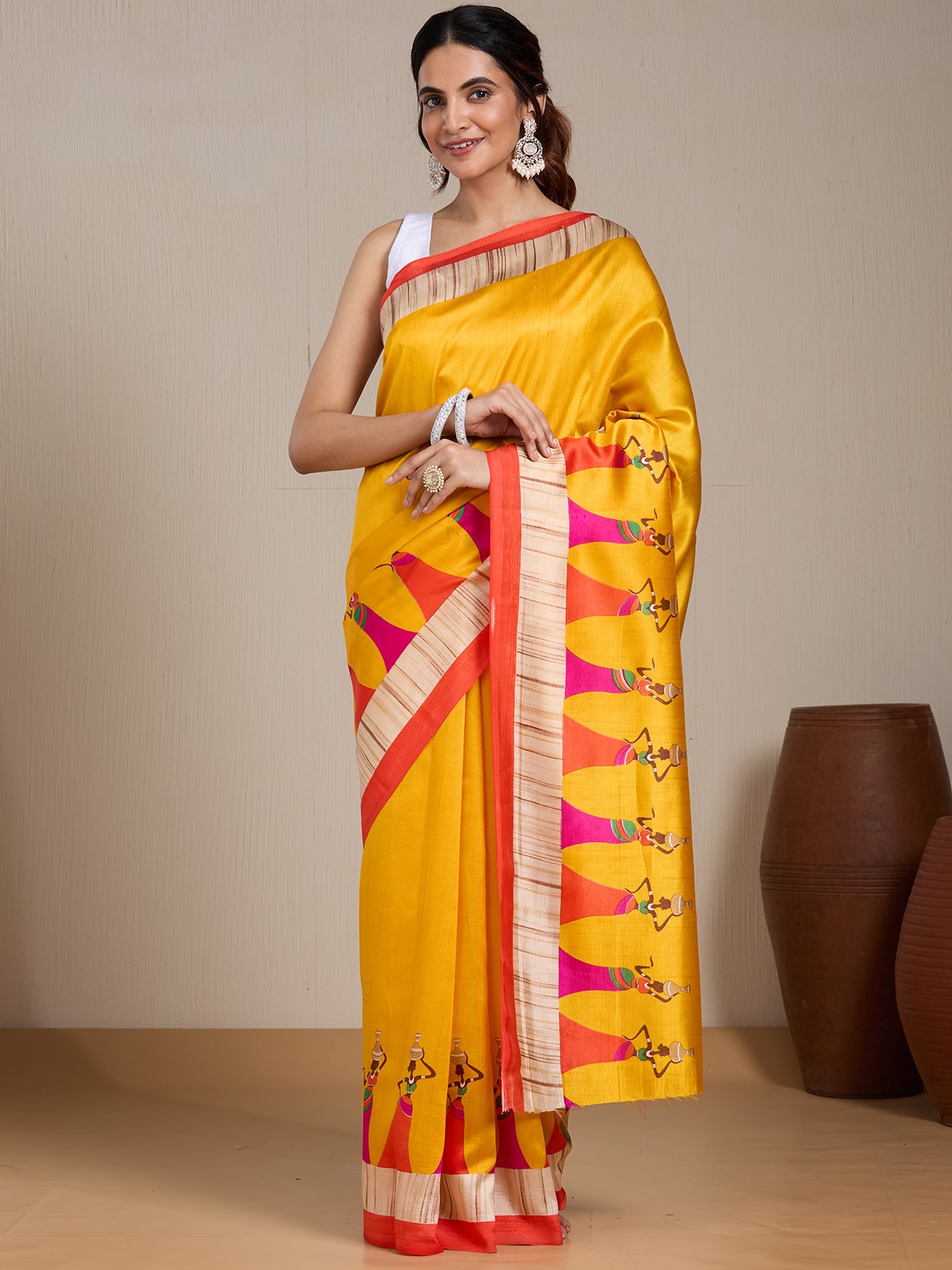 Vervee Couture Yellow Pink Printed Silk Blend Saree with Ethnic Motifs | EKA