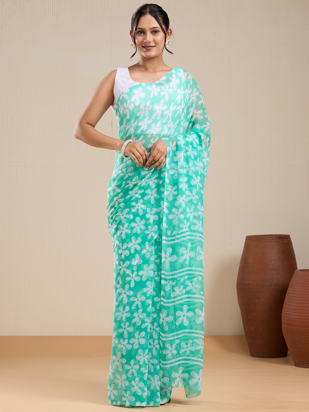 Vervee Couture Green Floral Poly Georgette Saree with Semi Stitched Blouse | EKA