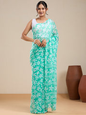 Vervee Couture Green Floral Poly Georgette Saree with Semi Stitched Blouse | EKA