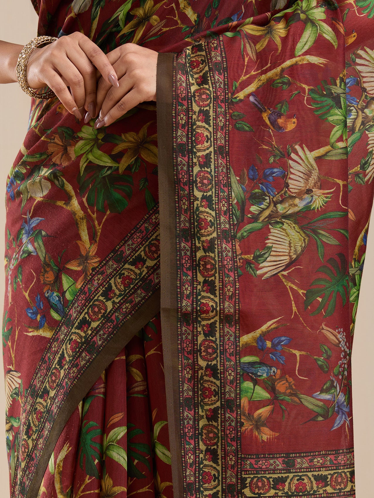 Vervee Couture Maroon Floral Silk Blend Saree with Decorative Border | EKA