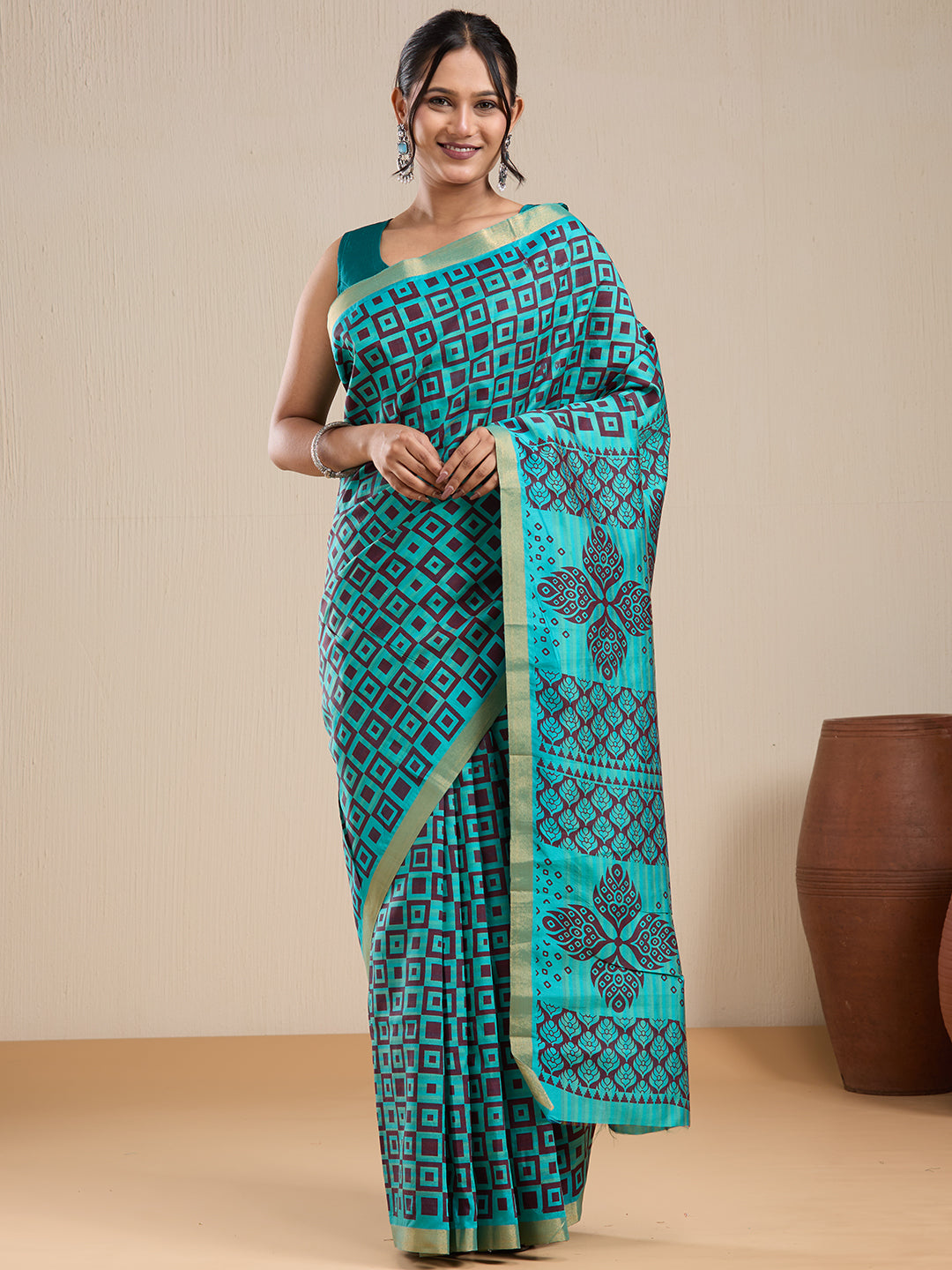Vervee Couture Teal Silk Blend Saree with Semi Stitched Blouse | EKA