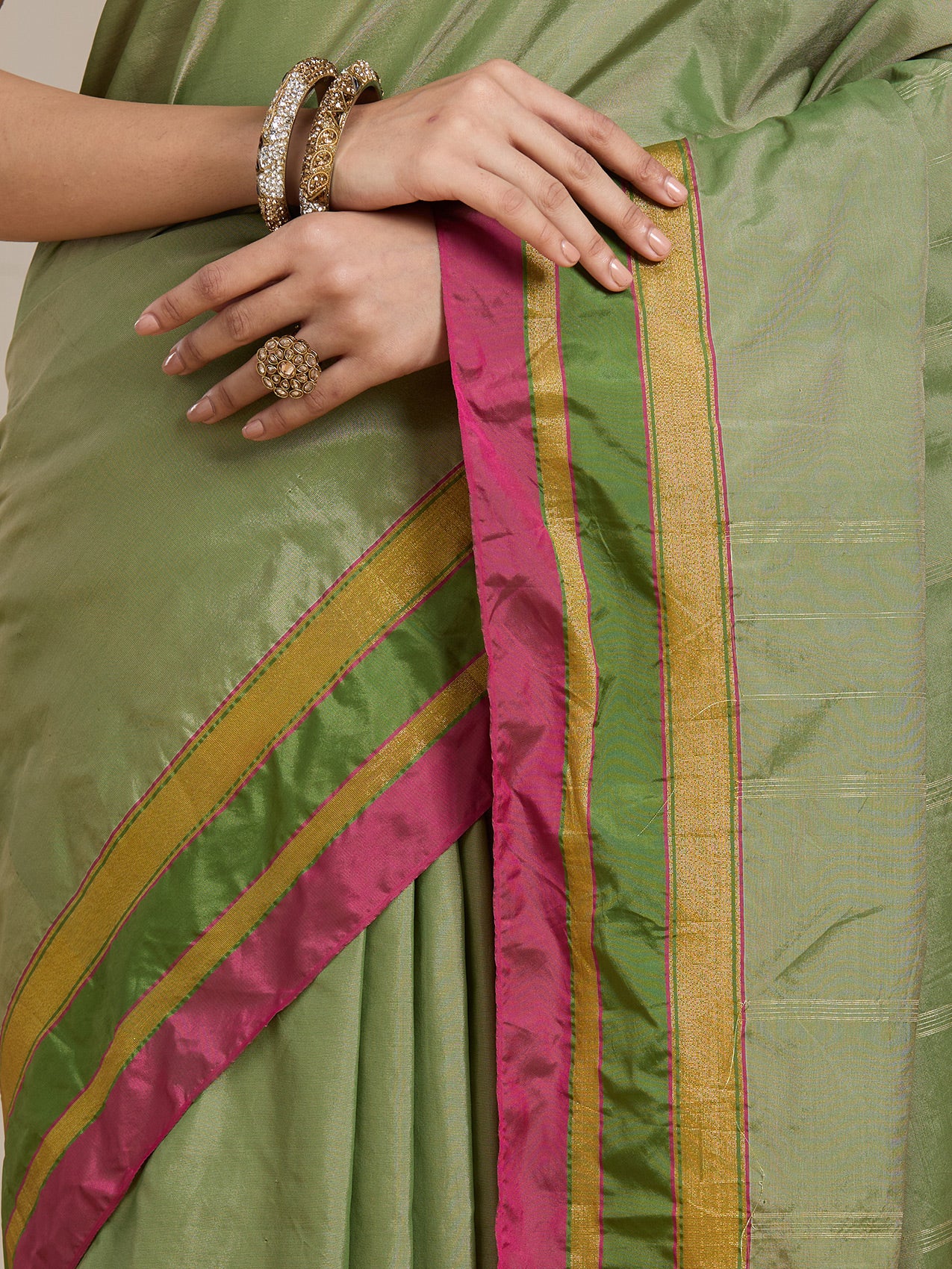 Vervee Couture Green Pink Silk Blend Saree with Zari Border | EKA