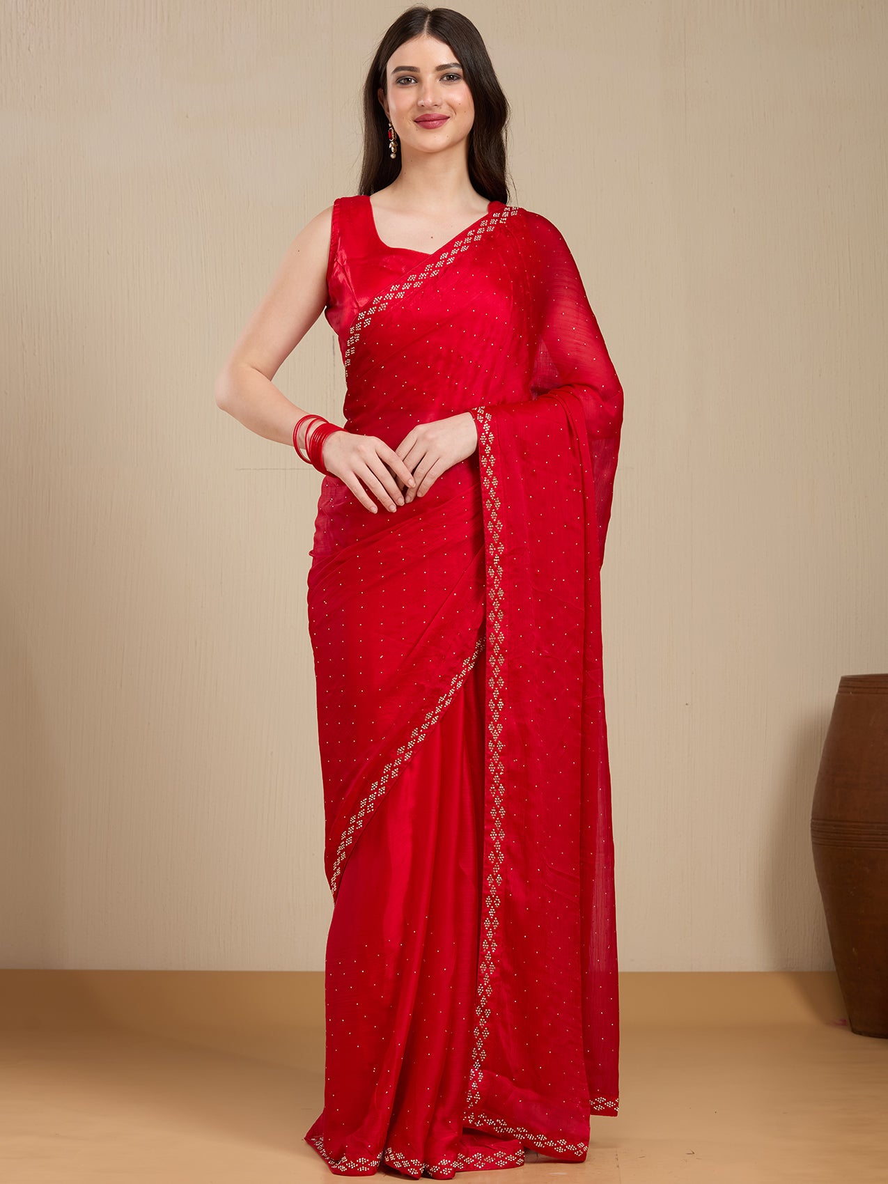 Vervee Couture Red Poly Georgette Saree with Subtle Embellished Border | EKA
