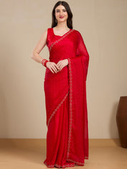 Vervee Couture Red Poly Georgette Saree with Subtle Embellished Border | EKA
