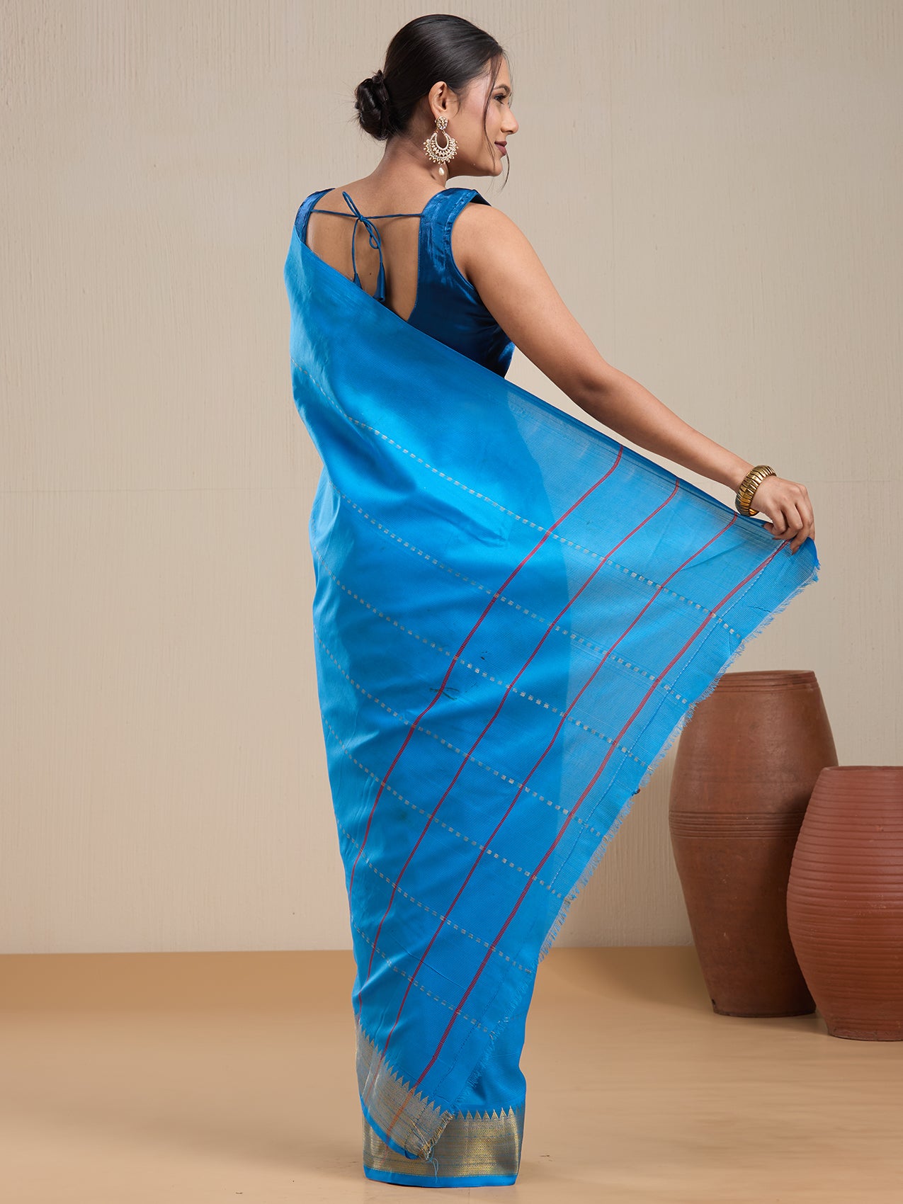 Vervee Couture Blue Silk Blend Saree with Zari Border and Semi Stitched Blouse | EKA